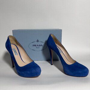 Prada High Heels Shoes Blue Suede Platform Pumps Stilettos Round Toe EU 41 US 11